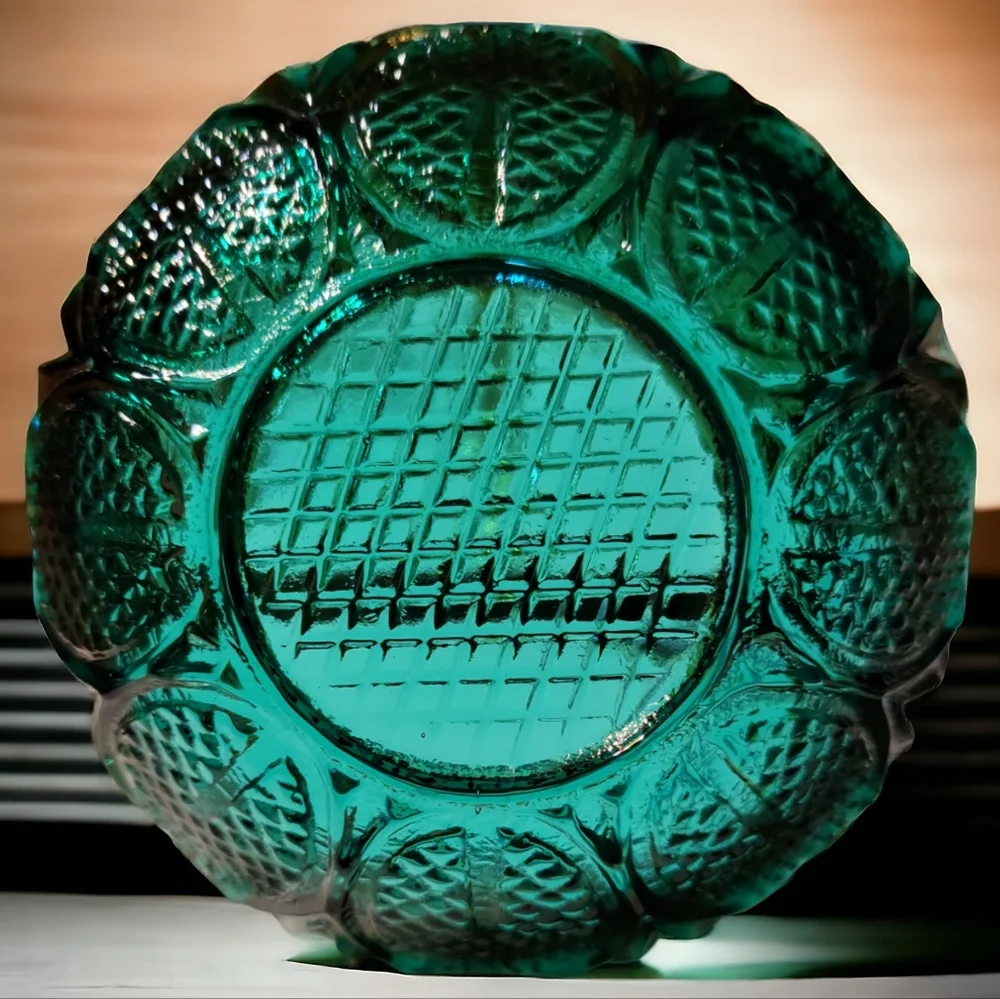 Vtg Ashtray Sauce Bowl  Green Blue Heavy Depression Glass Reflects Light